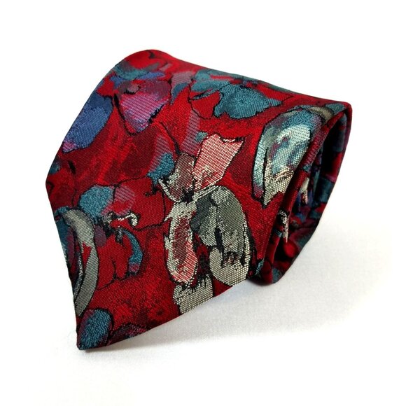 Oscar De La Renta Mens Necktie floral red background Teal Flowers tie - Picture 6 of 6
